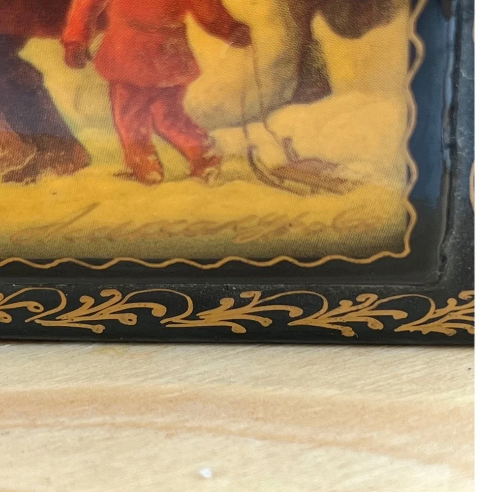 Vintage 1994 Fedoskino Russian Lacquer Box Signed Winter Village Festival Scene